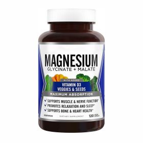 Magnesium Glycinate & Malate Complex w/Vitamin D3, 100% Chelated for Max Absorption, Vegetarian ‚Äì Bone Health, Nerves, Muscles, 120 Capsules, 60 Day (grain: 120 grain)
